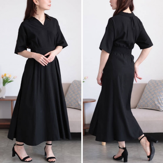大きいサイズ レディース ウエストタックスキッパー襟ワンピース maru