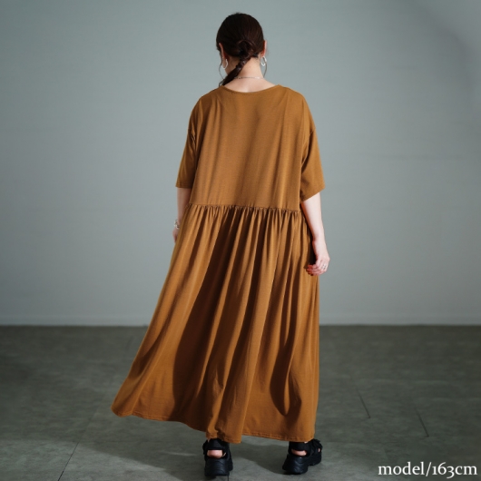 大きいサイズ レディース 胸タックギャザー切り替えワイドワンピース