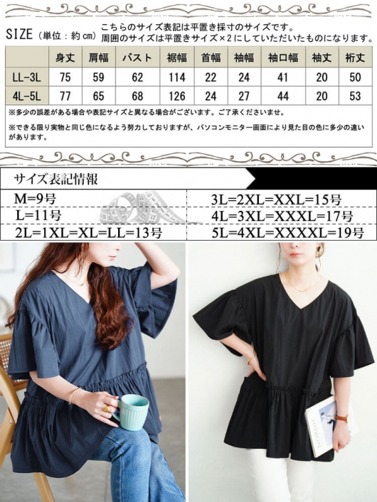 大きいサイズ レディース 接触冷感Vネックフリルペプラム