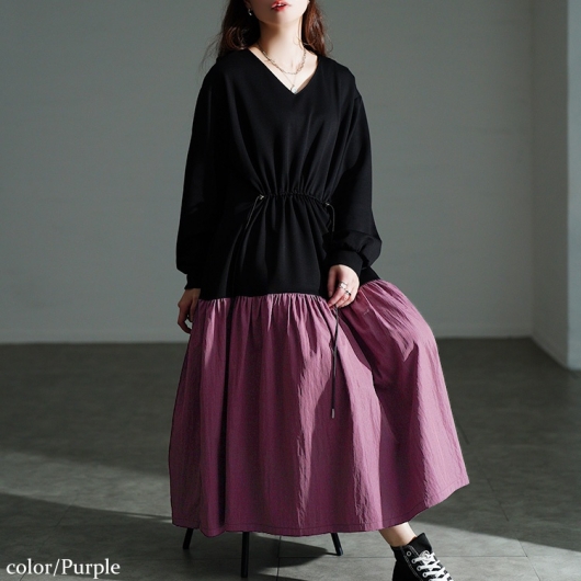 大きいサイズ レディース ウエストドロストフレアドッキングワンピース