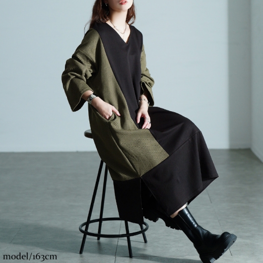 大きいサイズ レディース 異素材切り替えバイカラーワンピース maru