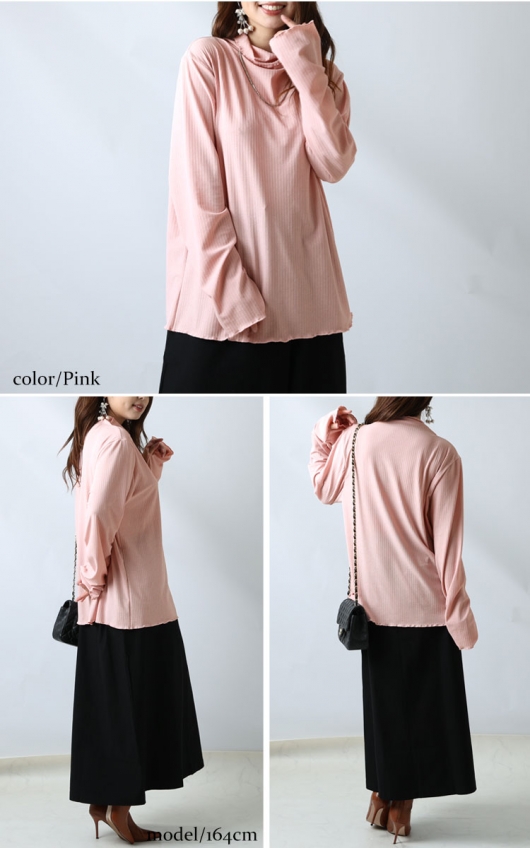 大きいサイズ レディース 指穴メローハイネックリブトップス maru-6618