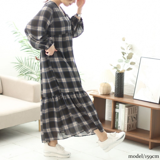 【あいこ】チェック柄 ティアードドレス 95cm イベントセール】 大きいサイズ レディース 前後2wayチェック柄