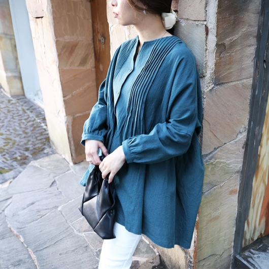 レディース　チュニック　婦人服　大きめ　ゆったり 大きいサイズ レディース コットンピンタック使いワイド