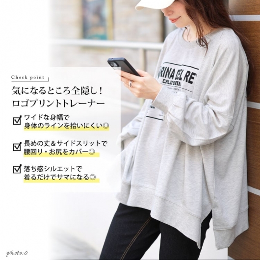 大きいサイズ レディース ロゴプリント脇スリットドルマン