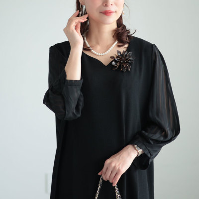 美品　大きいサイズ44 トゥービーシック　袖シフォンツイードワンピース 美品 大きいサイズ44 トゥービーシック 袖シフォンツイード