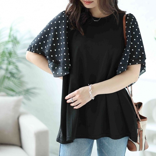 大きいサイズ レディース ドットフレアスリーブプルオーバー