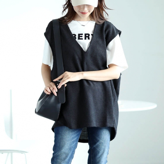 大きいサイズ レディース 深Vネック後ろタックコクーンベスト mncut