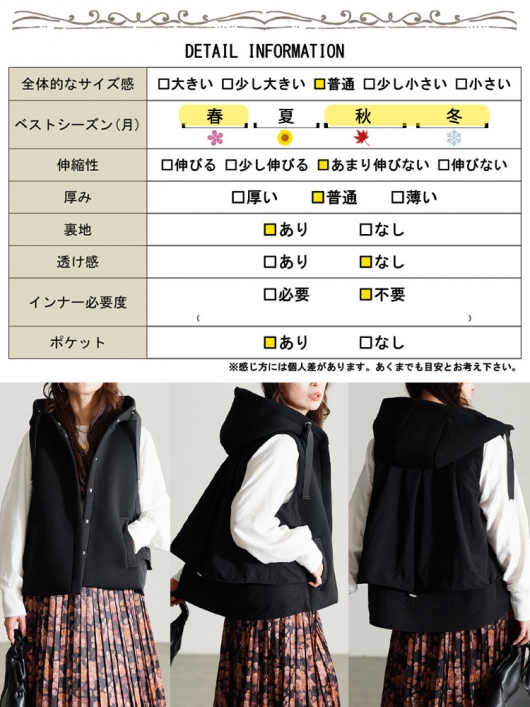 大きいサイズ レディース 異素材フード付き中綿ベスト mnfk