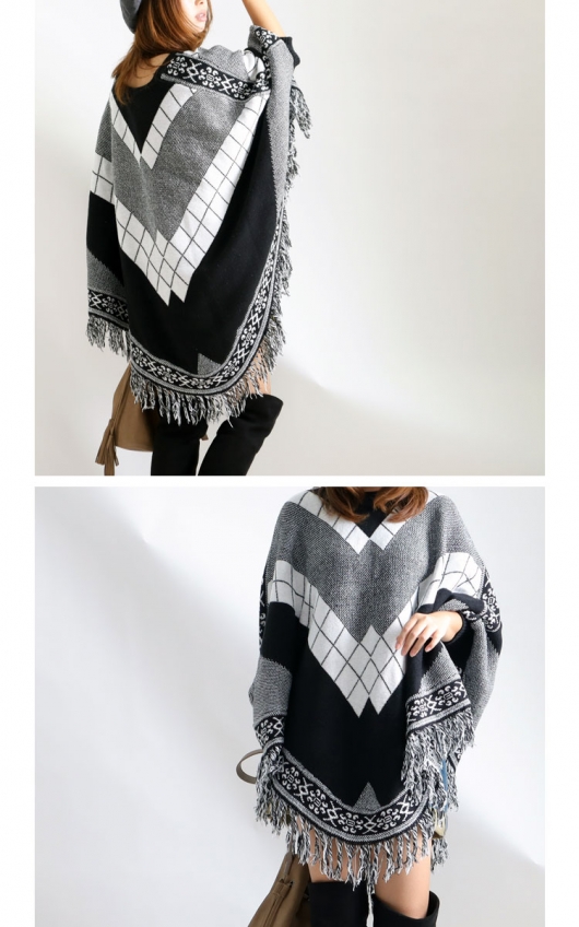 TO BE CHIC✨未使用タグ付　ニットボウタイポンチョ　ツイード　フリンジ 大きいサイズ レディース フリンジニットポンチョ nhtb-210623