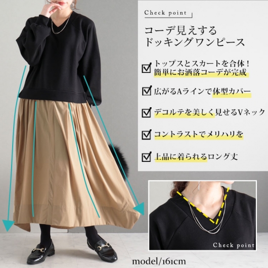 異素材ドッキングワンピース 半袖　タグ付き　スパンコール　ブラック　フレア袖 ドレスプラス DRESS+ 2素材ドッキングワンピース 半袖 ロング丈