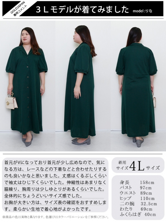 大きいサイズ レディース パフスリーブ開襟シャツワンピース nw