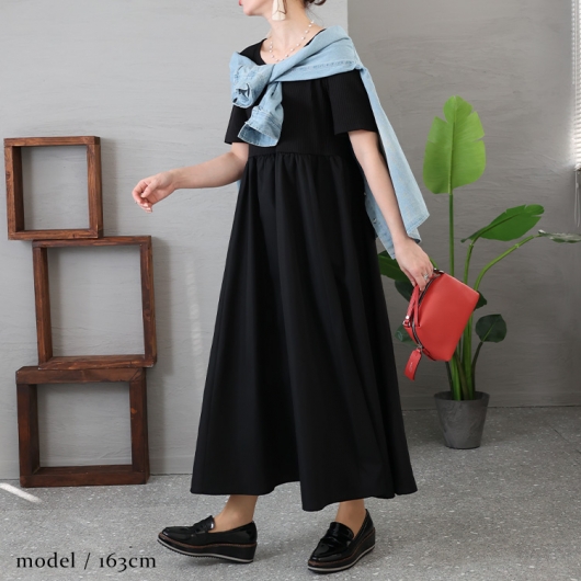 大きいサイズ レディース 異素材切替えギャザーワンピース nw-23006