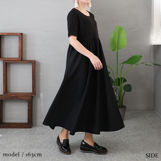 大きいサイズ レディース 異素材切替えギャザーワンピース nw-23006