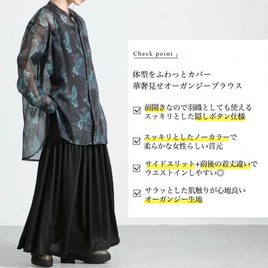 翁安芸 × DESIGNWORKS コラボ　オーガンジーフロントプリーツブラウス 翁安芸さんdesign worksコラボ☆オーガンジーフロントプリーツ