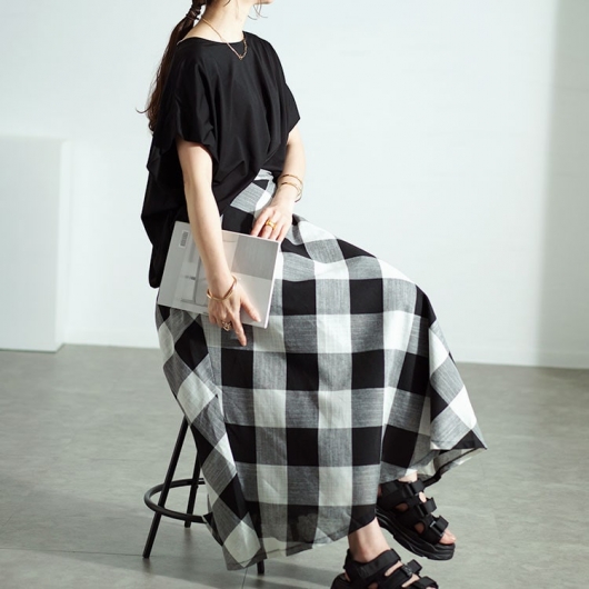 大きいサイズ レディース ビッグチェックロングフレアスカート nw