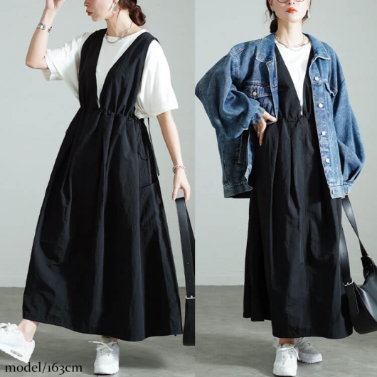 新品 Mal.【40】rerereさん ジャンパースカート ブラック おしゃれ 大きいサイズ レディース 深Vネックバックベルトジャンパースカート nw