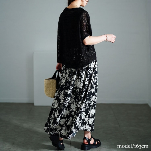 大きいサイズ レディース かぎ編みニットトップス＆花柄ドッキング