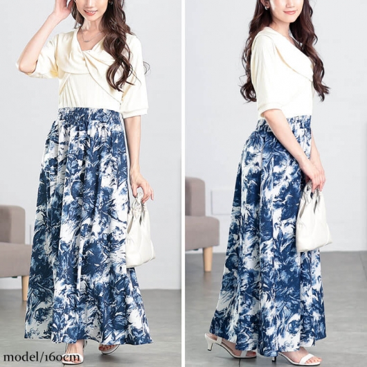 大きいサイズ レディース ツイスト襟異素材ドッキングワンピース nw