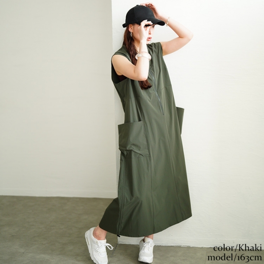 大きいサイズ レディース 裾ドロストハーフZIPノースリーブワンピース