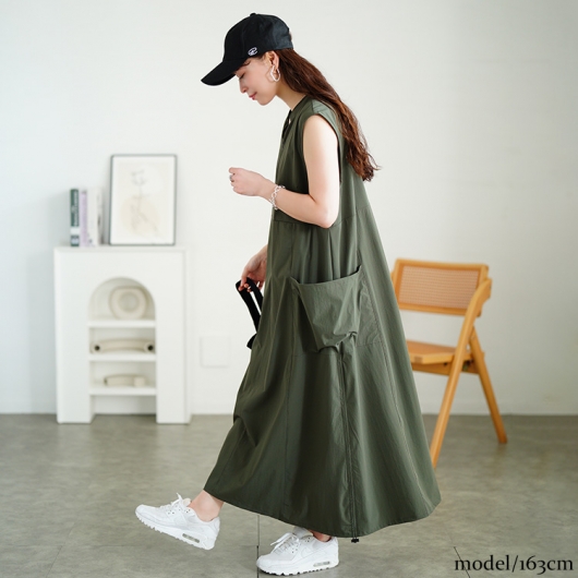 大きいサイズ レディース 裾ドロストハーフZIPノースリーブワンピース