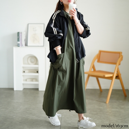 大きいサイズ レディース 裾ドロストハーフZIPノースリーブワンピース