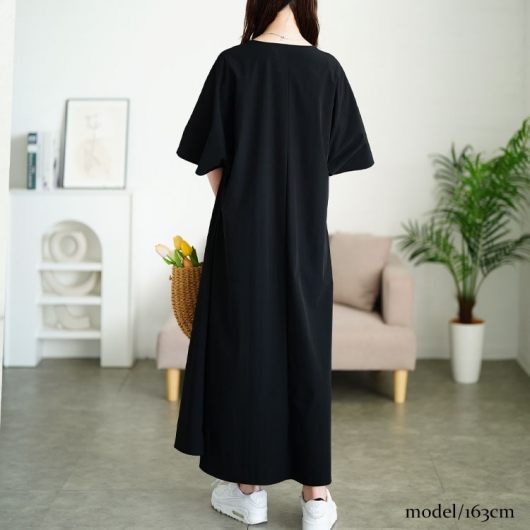 大きいサイズ レディース 深Vネック胸タックワンピース nw-25034