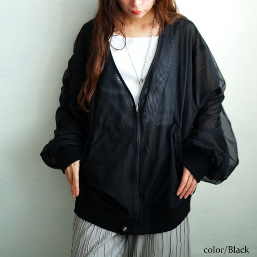 大きいサイズ レディース ギャザースリーブZIPシアーブルゾン nw