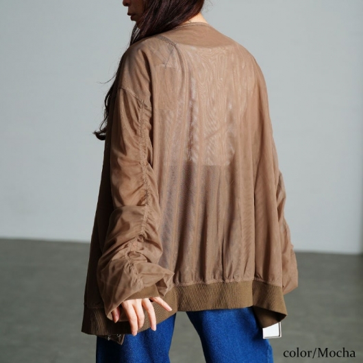 大きいサイズ レディース ギャザースリーブZIPシアーブルゾン nw