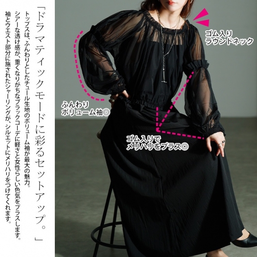 大きいサイズ レディース ギャザーチュールトップス＆キャミワンピース