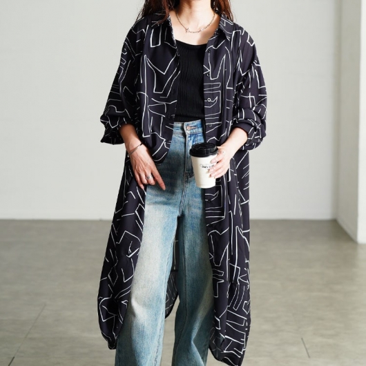大きいサイズ レディース 幾何学柄サイドコクーン変形シャツチュニック