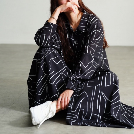 大きいサイズ レディース 幾何学柄サイドコクーン変形シャツチュニック