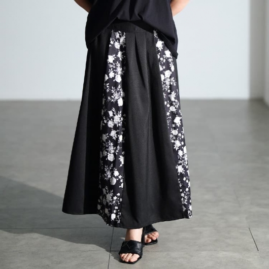 大きいサイズ レディース 花柄切り替えタックフレアスカート nw-25054