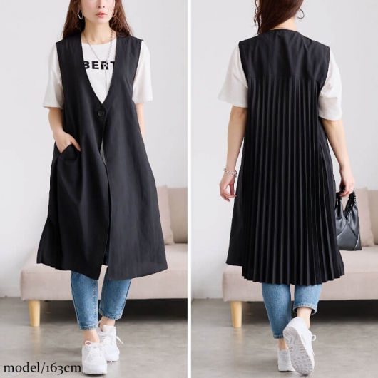 大きいサイズ レディース 麻調バックプリーツロングジレ plan-181501