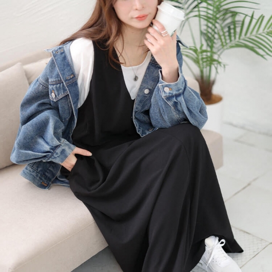 大きいサイズ レディース Vネックフレアジャンパースカート plan