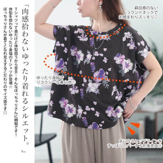 大きいサイズ レディース 接触冷感花柄コットンTシャツ plan-281517