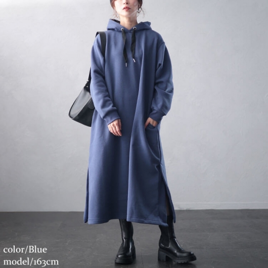 大きいサイズ レディース 裏起毛サイドスリットフード付きワンピース