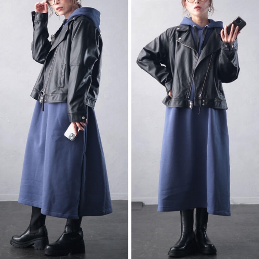 大きいサイズ レディース 裏起毛サイドスリットフード付きワンピース