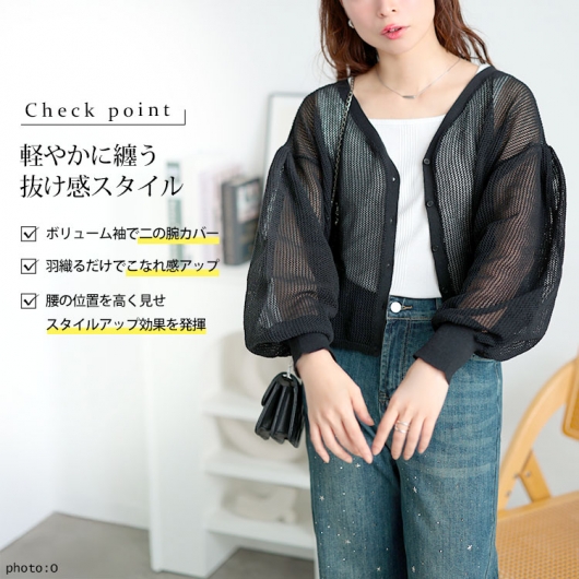 大きいサイズ レディース メッシュ編みボリューム袖ショート丈