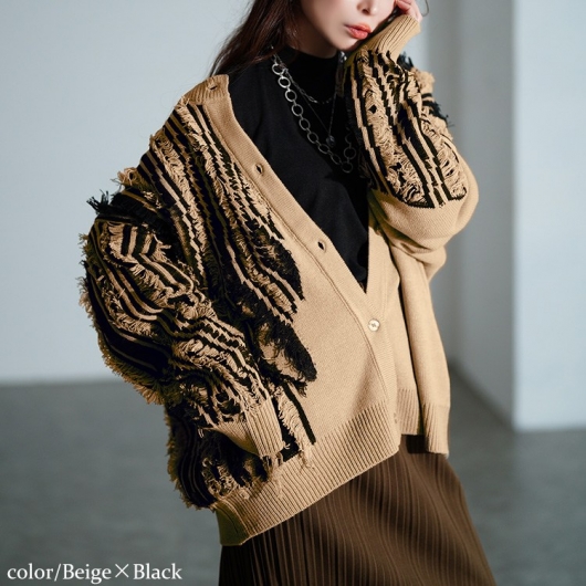 大きいサイズ レディース フリンジ切り替えニットカーディガン sum