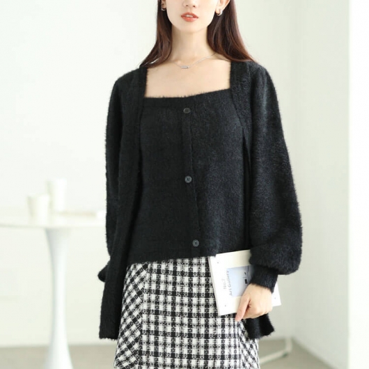 大きいサイズ レディース カーディガン重ね着風シャギーニット sum