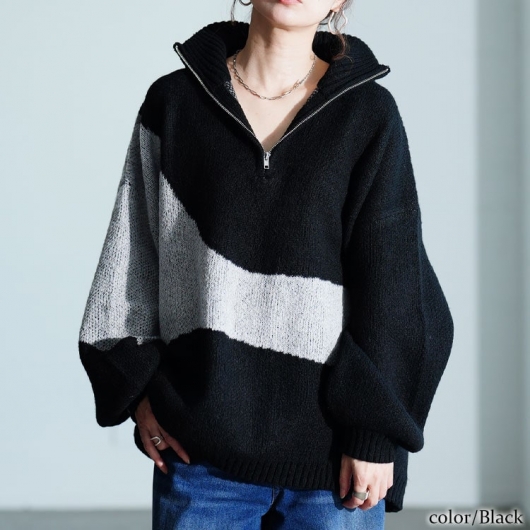 ♪♪kunaページ•*¨*•.¸♬︎です♡ 大きいサイズ レディース ハーフZIPアシメバイカラーニット sum-0018