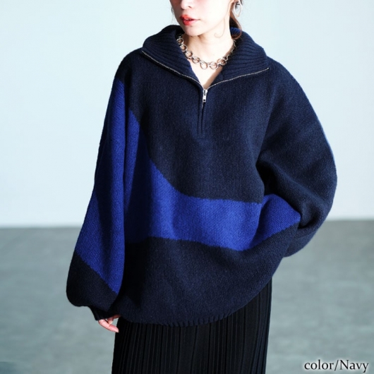 大きいサイズ レディース ハーフZIPアシメバイカラーニット sum-0018