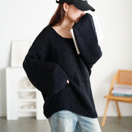 大きいサイズ レディース ラウンドネックローゲージニット sum-0019