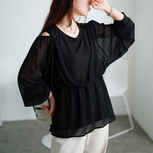 大きいサイズ レディース オープンショルダー重ね着風ペプラム