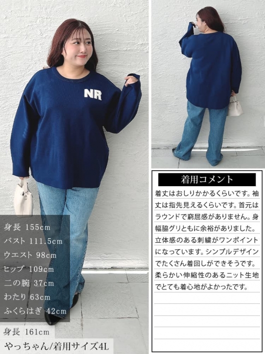 大きいサイズ レディース サガラ刺繍ロゴワッペンボリューム袖ニット