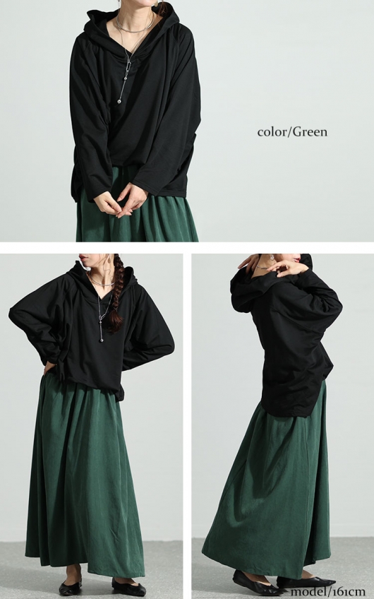 大きいサイズ レディース フード付きドルマン袖ドッキングワンピース