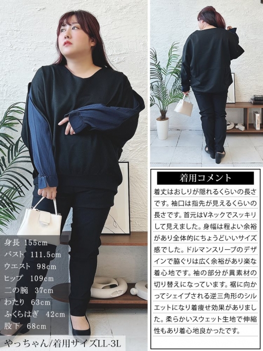 大きいサイズ レディース 切り替えスリーブドルマンプルオーバー