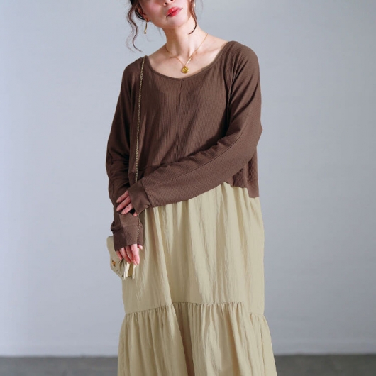 大きいサイズ レディース ハートネック切り替えティアードワンピース