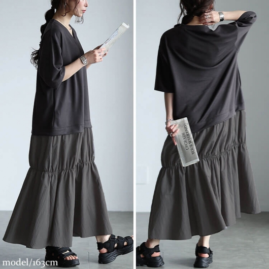 大きいサイズ レディース Vネック異素材ドッキングギャザー